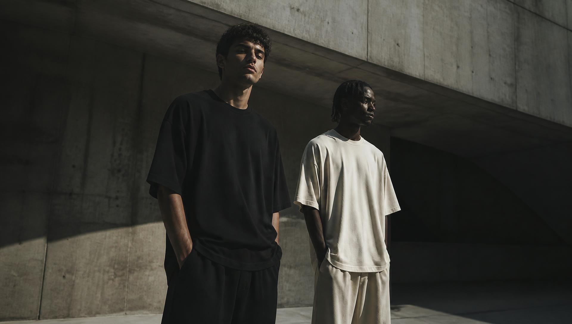 OPEN CLOTHING campaign — models in oversized tees in a concrete space