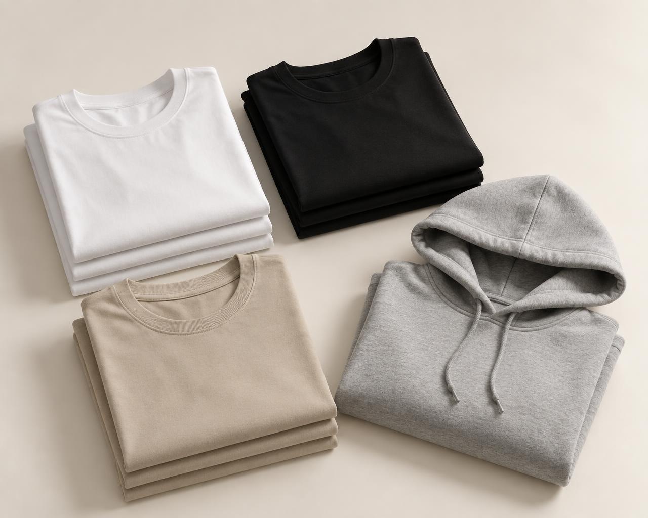 Kaos dan hoodie polos OPEN CLOTHING dalam komposisi studio
